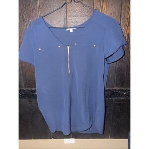 Mph Collection Women's PS Blouse Gold Zip Blue Casual Career  N